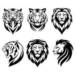 Set of six black-and-white vector emblems featuring stylized lion and tiger heads in various fierce and symmetrical expressions, ideal for logos or mascot designs.