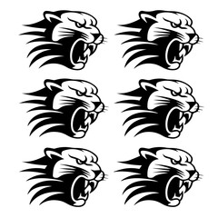 Set of six black-and-white vector emblems featuring stylized lion and tiger heads in various fierce and symmetrical expressions, ideal for logos or mascot designs.