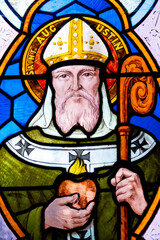 Stained glass (1939) of Saint Augustine of Hippo or Saint Augustin d'Hippone. Saint of the Roman...