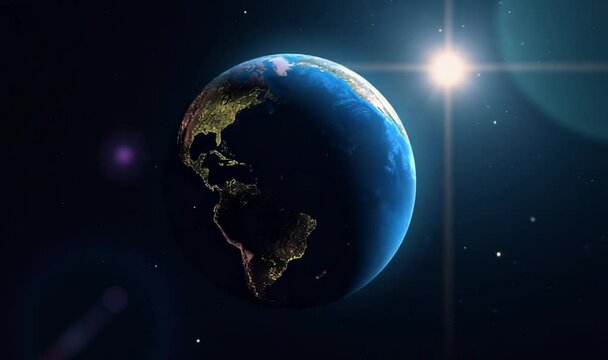 Abstract animation of planet Earth with night side and lights on background of stars. Animation. Sides of day and night of planet Earth in outer space with bright shining star