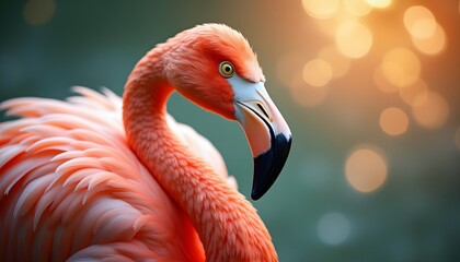 Fototapeta premium A close-up of a pink flamingo with a blurred bokeh background