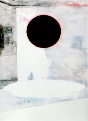Surreal Abstract with Black Circle and Ethereal Light Texture. This surreal abstract artwork features a stark black circle suspended above a pale, glowing ground, framed by soft watercolor textures 