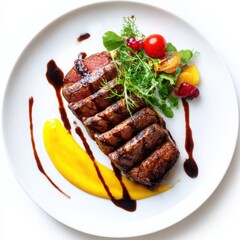 Sliced steak with salad isolated on white background