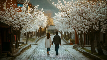 A couple holding hands while walking along a cobblestone path lined with blossoming trees
