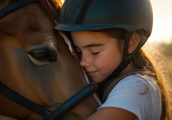 Girl hugs horse sunset field.