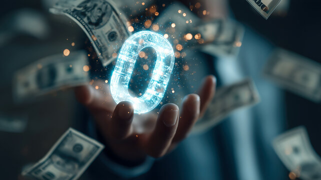 Zero Value: Hand holding glowing "0" amidst falling money, symbolizing worthlessness or financial loss in a technological context.
