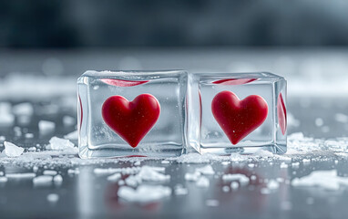 Metaphor, theme of love on ice, cold, breakup. Or ice cubes in a drink to drink. Objects in 3D with ice chips.