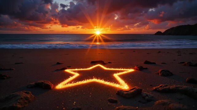 Star shape drawn in sand on beach during sunset by the ocean  