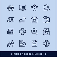 Now Hiring Process Line Icons. Recruitment, Job Application, Interview, Candidate Selection Vector Set