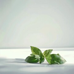 A pair of basil leaves sit on a pristine white surface, their vibrant green color and natural texture highlighted by soft, gentle light.