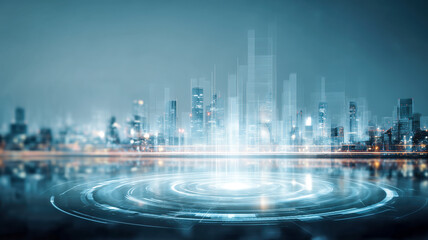 Futuristic Cityscape: A luminous urban skyline with digital energy swirling in the foreground. Connectivity and innovation visualized.