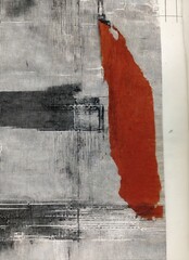 Abstract Mixed Media with Red Accent and Grunge Brush Texture. This abstract artwork blends monochrome textures with a bold vertical red form, creating a striking contrast between movement 