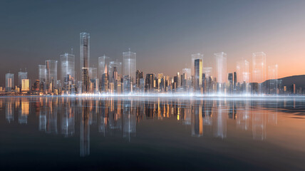Fototapeta premium Futuristic cityscape reflecting on water, blending reality with augmented visualization of building structures at dusk.