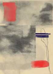 Modern Abstract with Red and Blue Accents and Smoky Background. This abstract image features a smoky grayscale background contrasted with vivid red and deep blue blocks, as well as a fine linear form 