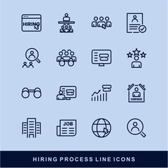 Now Hiring Process Line Icons. Recruitment, Job Application, Interview, Candidate Selection Vector Set