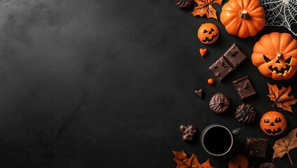Halloween Treats with Coffee, and Dark Background.