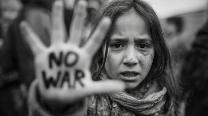 Child's Plea for Peace - A young girl holds up her hand with "NO WAR" written on it, a powerful of the impact of conflict on children