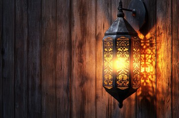 Ornate lantern illuminates dark wood
