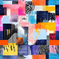 Vibrant Abstract Patchwork Collage with Geometric Shapes and Grunge Textures