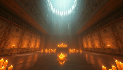 Candlelit chamber: Mystical hall with illumination and celestial rays