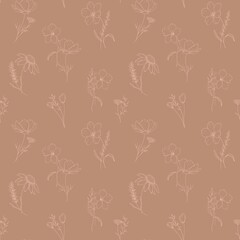 Seamless sketch illustration in line art style elegant bouquet with silhouette pink wild flowers, herbs, spikelets  on mocha brown background for wrapping, textile, cards, packaging and decor.