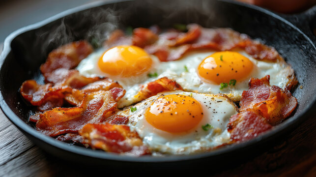 Close-up of a sizzling breakfast Eggs sunny-side up with crispy bacon