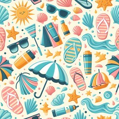 Seamless summer beach pattern with umbrellas, seashells, waves, and flip-flops on blue background. for wrapping paper, textiles,