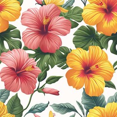 A vibrant hibiscus pattern features full-bloom flowers in pink, yellow, and orange, surrounded by green leaves on a white background, perfect for wallpaper or fabric.