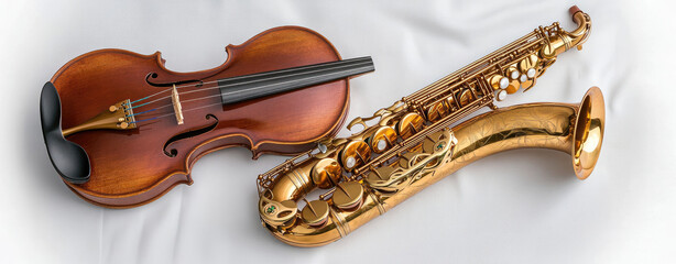 A violin and saxophone rest on a white draped surface, classical and jazz instruments