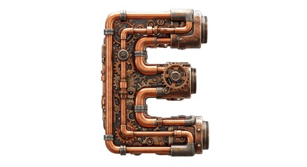 Fototapeta premium Industrial Steampunk Letter E Design of Copper Pipes and Mechanical Gears and Cogs