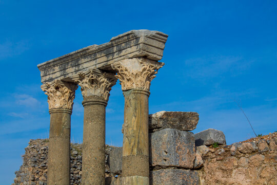 Ancient antique city of Efes, Ephesus in Turkey. Celsus library ruin in turkish historical sight. Ancient Greek city Ephesus ruins on the southern Mediterranean Ionia, coast of Turkey