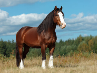 Majestic Brown Horse in Meadow / 초원에 서 있는 위풍당당한 갈색 말