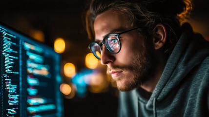 Focused coder immersed in code. The reflection of the screen shines in his glasses as he works late into the night. #Coding