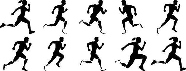 Amputee Athletes Running Silhouettes Collection showcasing active people with prosthetic legs