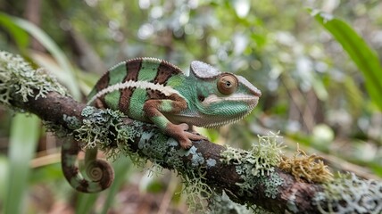 Obraz premium A vibrant chameleon perched on a branch, blending seamlessly with its surroundings. Its remarkable camouflage and unique features captivate the eye