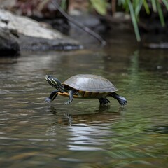 Obraz premium A turtle gracefully moving through the calm water. The turtle has a smooth shell and long limbs, creating a captivating sight. The environment is natural, making for a lovely visual
