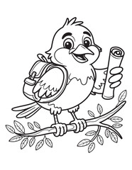Adventurous Cartoon Bird with Map and Backpack on Tree Branch – Coloring Page