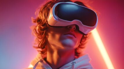 Person exploring digital realities with cutting-edge headset. Immersive tech provides a gateway to virtual experiences and futuristic simulations.