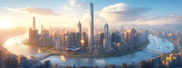 Fototapeta premium Panoramic View of Hong Kong Skyline with River and Skyscrapers – Urban Architecture & Travel Destination Concept