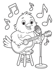 Cute Bird Playing Guitar and Singing – Outline for Coloring Book