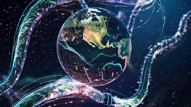 A planet in orbit surrounded by glowing fibre wires, transmitting waves across the vastness of space.