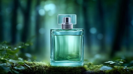 Enchanting Forest Perfume - A luxurious perfume bottle rests on moss in a mystical forest setting, evoking nature's beauty and fragrance