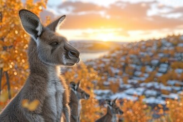 Fototapeta premium Kangaroos at golden hour, overlooking a landscape.
