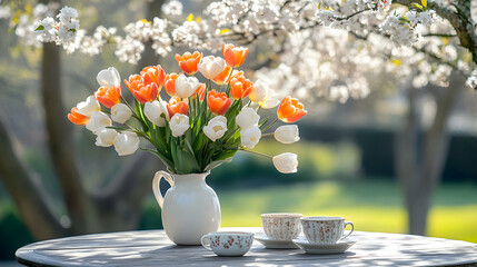 A cozy garden table with a vase of tulips and tea cups, placed under a blossoming tree