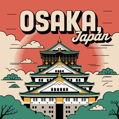 Obraz premium Osaka Japan Vintage Poster Featuring Osaka Castle