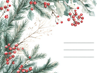 Watercolor illustration of Christmas greenery border with pine branches, holly leaves and red berries on paper with blank lines
