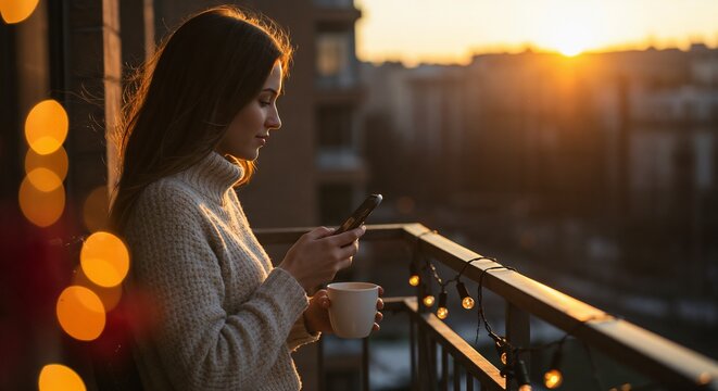 Young woman texting on smartphone while standing on balcony at sunset  