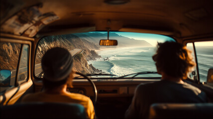 Coastal road trip: Two friends explore scenic routes, enjoying the ocean view from a vintage van on a summer adventure.