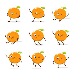 Cute Smiling Orange Character. Kawaii Orange Fruit Mascot Style Vector. Cute vector character set in various action emotions. Collection symbols isolated on a white background