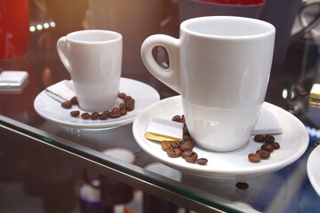 Empty mugs and coffee beams